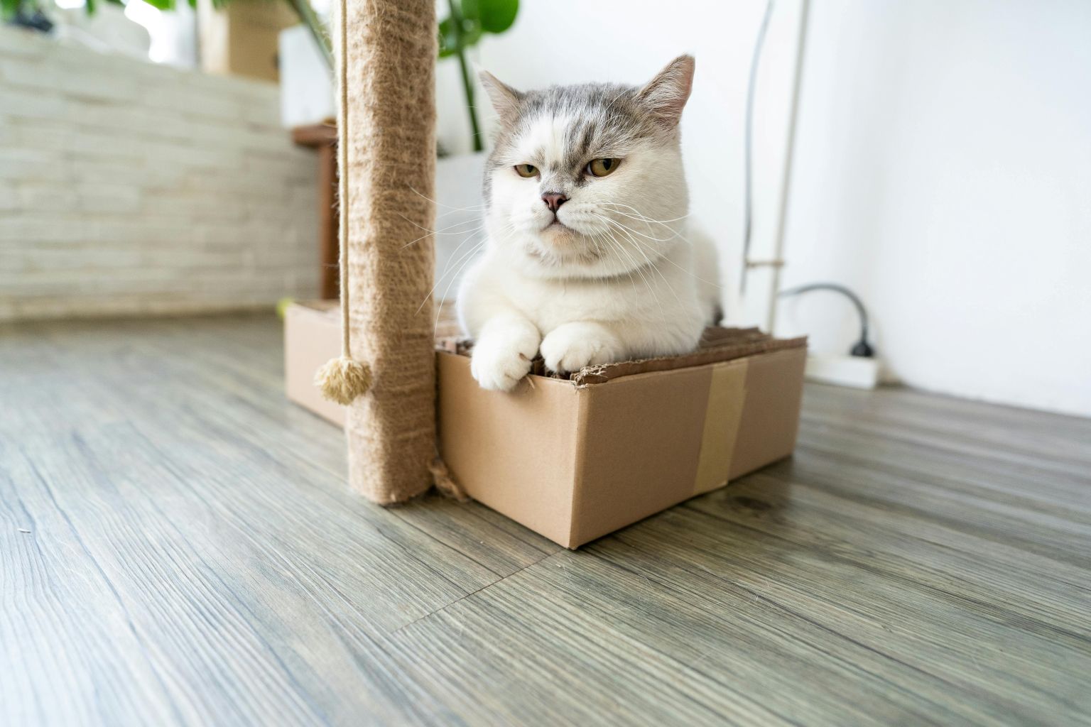 A cat sitting next to a scratching post